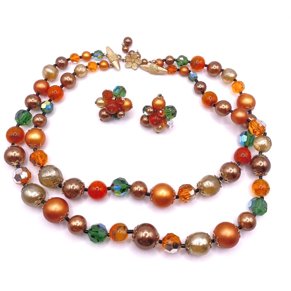 Vendome Lucite Beads Signed Autumn Tones Necklace and Clip On Earrings Set